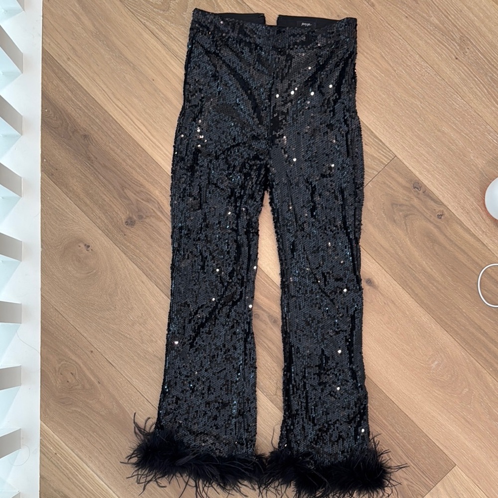 Nasty Gal Black Sequin Formal Pants with Feather Trim